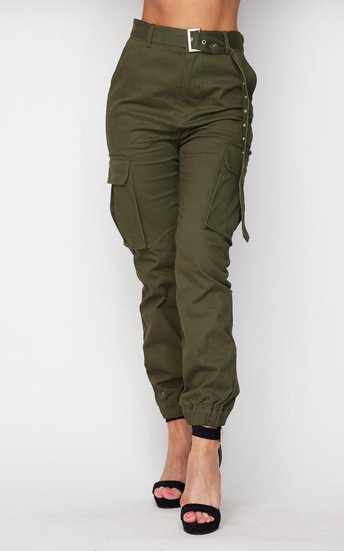 Belted High Waist Cargo Jogger Pants - Olive - SohoGirl.com